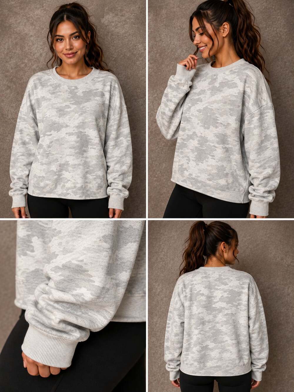 American Eagle Outfitters Gray Camo Oversized Raw Hem Crewneck Sweatshirt